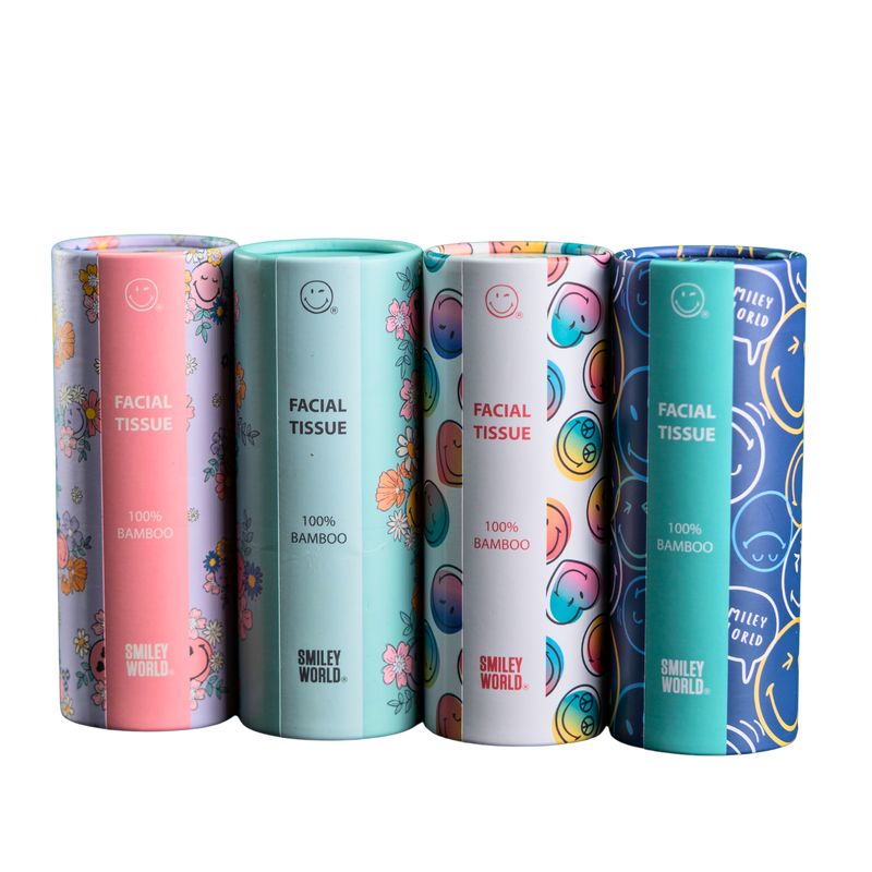 SmileyWorld® Sustainable Cylinder Tissue Holder 4 Pack – Joyful Designs, Cup‑Holder Fit, 40 Count 3‑Ply Facial Tissues